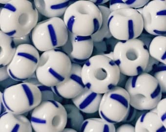 7/0 Czech Ornela Glass Stripe Seed Beads, White/Blue Stripe (Col: 03330), 20 Grams