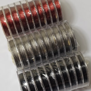 Peut inclure: Trois bobines de fil de différentes couleurs : rouge, argent et noir. Chaque bobine est composée de plusieurs brins de fil enroulés autour d’un noyau central. Les bobines sont empilées les unes sur les autres.