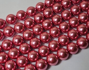 14mm Round Glass Pearl Beads, Dark Pink