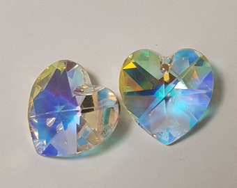 14mm Swarovski 6228 Faceted Crystal Heart Beads, Crystal AB - Select from 2 or 4 Pcs