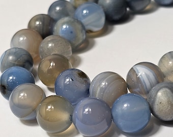 10 mm blauwe gestreepte agaat, ronde gladde kralen, streng van 38,5 cm