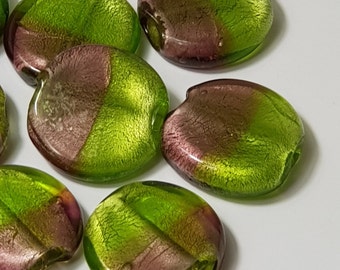 Cuentas de vidrio veneciano planas y redondas de 30 mm, amatista/peridoto de dos tonos, 2 unidades
