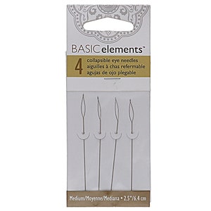 May include: Package of four collapsible eye needles. The needles are medium size, measuring 2.5 inches or 6.4 cm. The package is white with the "BASIC elements" logo and text in English, French, and Spanish.