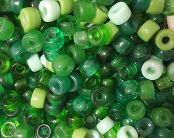 Czech 6mm x 9mm Glass Crow Roller Beads, Large 3mm Hole, Mixed Greens - Select 20 or 50 Beads