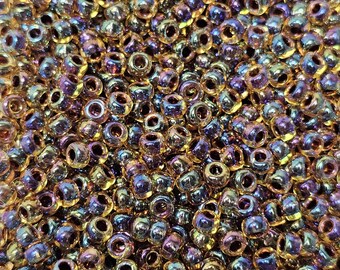 6/0 Miyuki Root Beer Lined Light Topaz AB 4mm Japanese Glass Seed Beads, 20 Grams