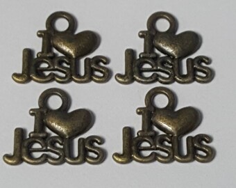 I Love Jesus Charms, 15.5x13mm, 10 Pieces - Select Antique Copper or Antique Brass