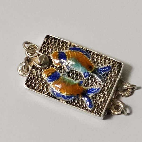24x13mm 2 Strand Sterling Silver Push Clasp with Raised Enameled Fish (SC034), Sold Individually