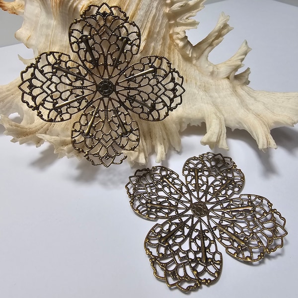 52mm Antique Brass Metal Stamped Flowers (FW), 6 Pcs