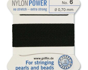 Cordão de contas de nylon e poliamida Griffin, preto com agulha, 2 metros - Selecione o tamanho