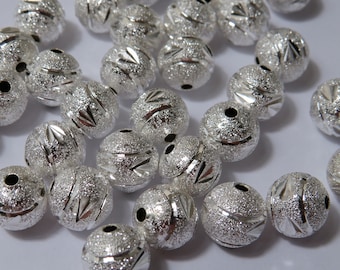 10mm Bright Silver Patterned Stardust Round Beads, 20 Beads