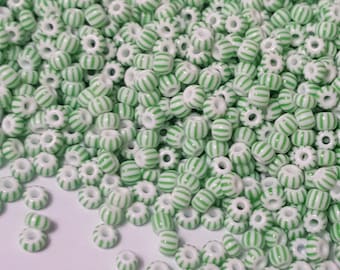 7/0 Czech Preciosa Glass Stripe Seed Beads, Green/White (Col: 03851) - 20 Grams
