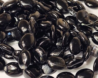 Black Agate Oval Cushion Gemstone Beads, 16" Strand