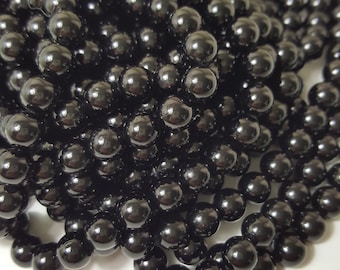 Contas redondas de turmalina negra, fio de 15" - Selecione 4 mm, 6 mm ou 8 mm