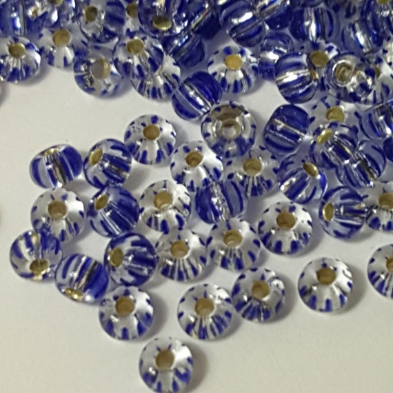 8/0 Czech Preciosa Glass Stripe Seed Beads, Blue Stripe on Clear