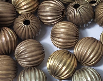 12mm Antique Brass Corrugated Round Beads - 10 Pcs