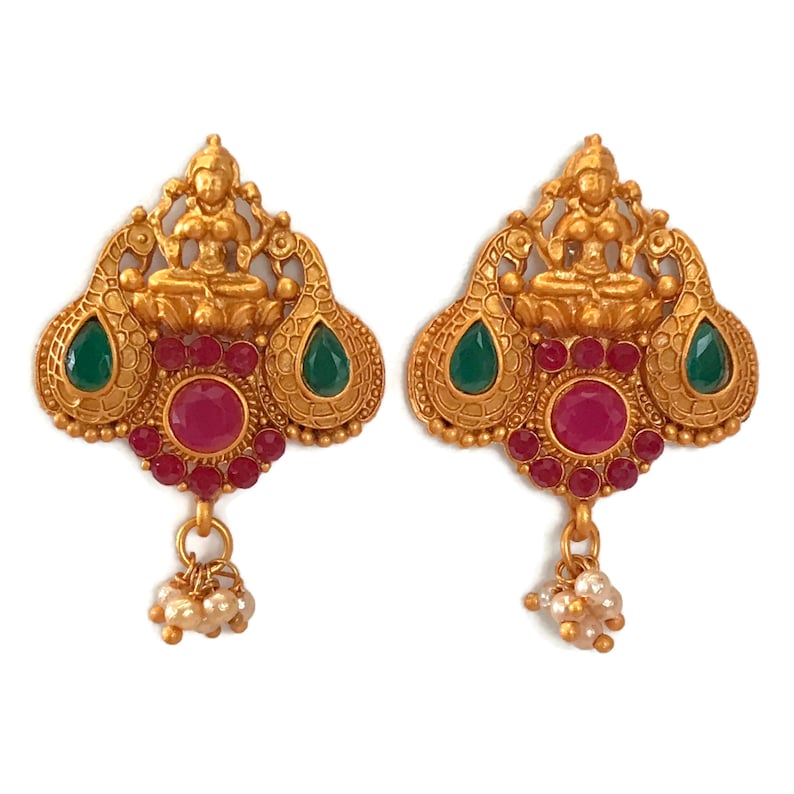 Indian Bollywood Designer Party wear Jewelry.Ea e960 Maroon /& Green Color Glass stone Matte Finish Temple Golden Earring Set