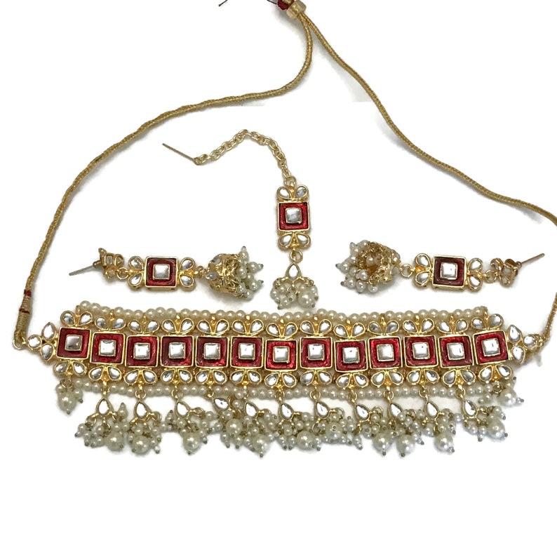 Maang Tikka Earring Set Kundan /& Pearls Choker Golden Necklace Na n463 Indian Bollywood Fashion Party wear Jewelry