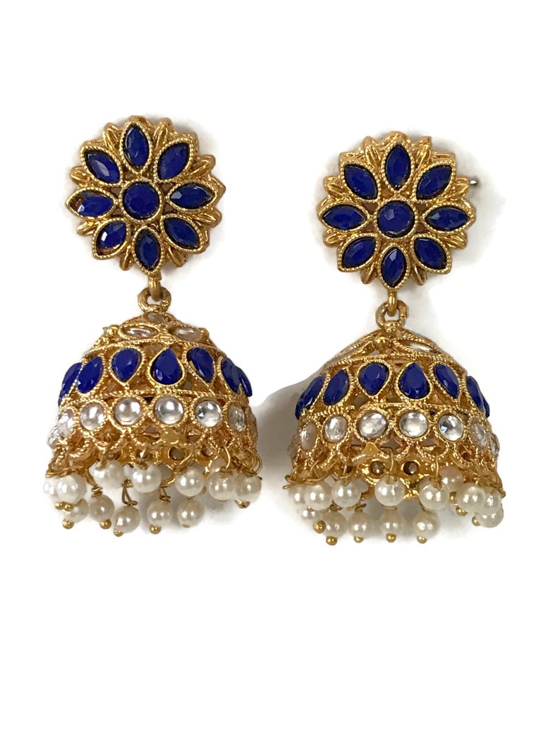 Ea e2048 Indian Bollywood Fashion Party wear Jewelry Blue Polki /& Pearls Jhumka Jhumki Earring set