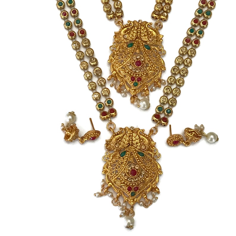 Double Golden Necklace Pendant  Earring Set studded with Polki /& Pearls Indian Bollywood Fashion Party wear Jewelry Na n1004