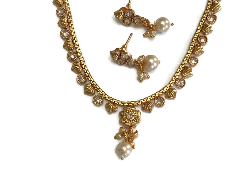 Pearls /& Polki Golden Necklace Pendant Earring Set Indian Bollywood Fashion Party wear Jewelry Na n2128