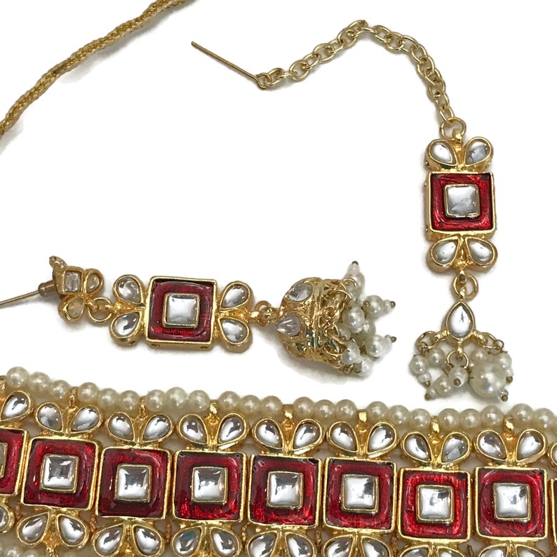 Maang Tikka Earring Set Kundan /& Pearls Choker Golden Necklace Na n463 Indian Bollywood Fashion Party wear Jewelry