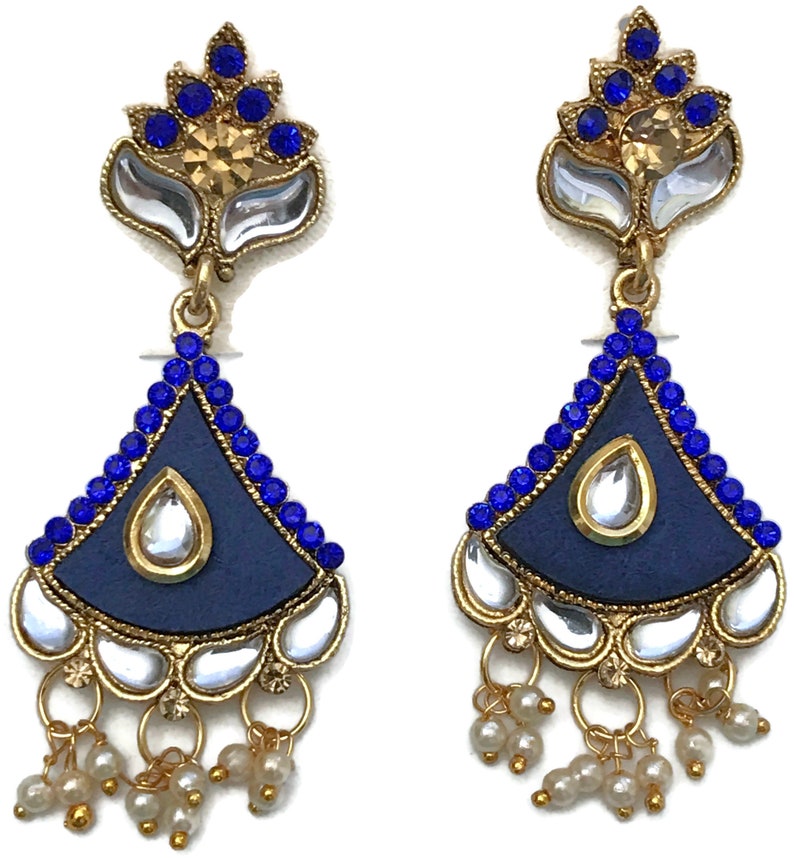 Blue Color Kundan Earring Set Indian Bollywood Designer Party wear Jewelry.Ea e914