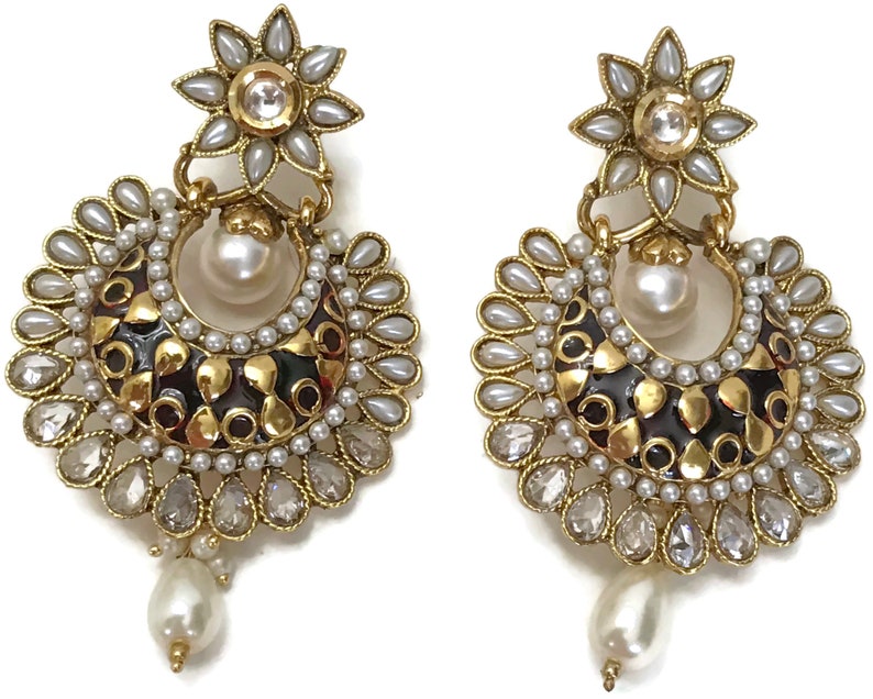 Free Shipping Surbhi Indian Party wear Jewelry Ea e233 New Bollywood Designer Golden Earring Set Studded with Cubic Zerconia /& Pearls