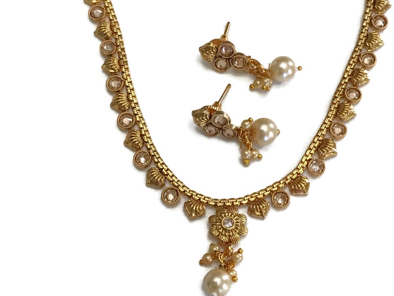 Pearls /& Polki Golden Necklace Pendant Earring Set Indian Bollywood Fashion Party wear Jewelry Na n2128