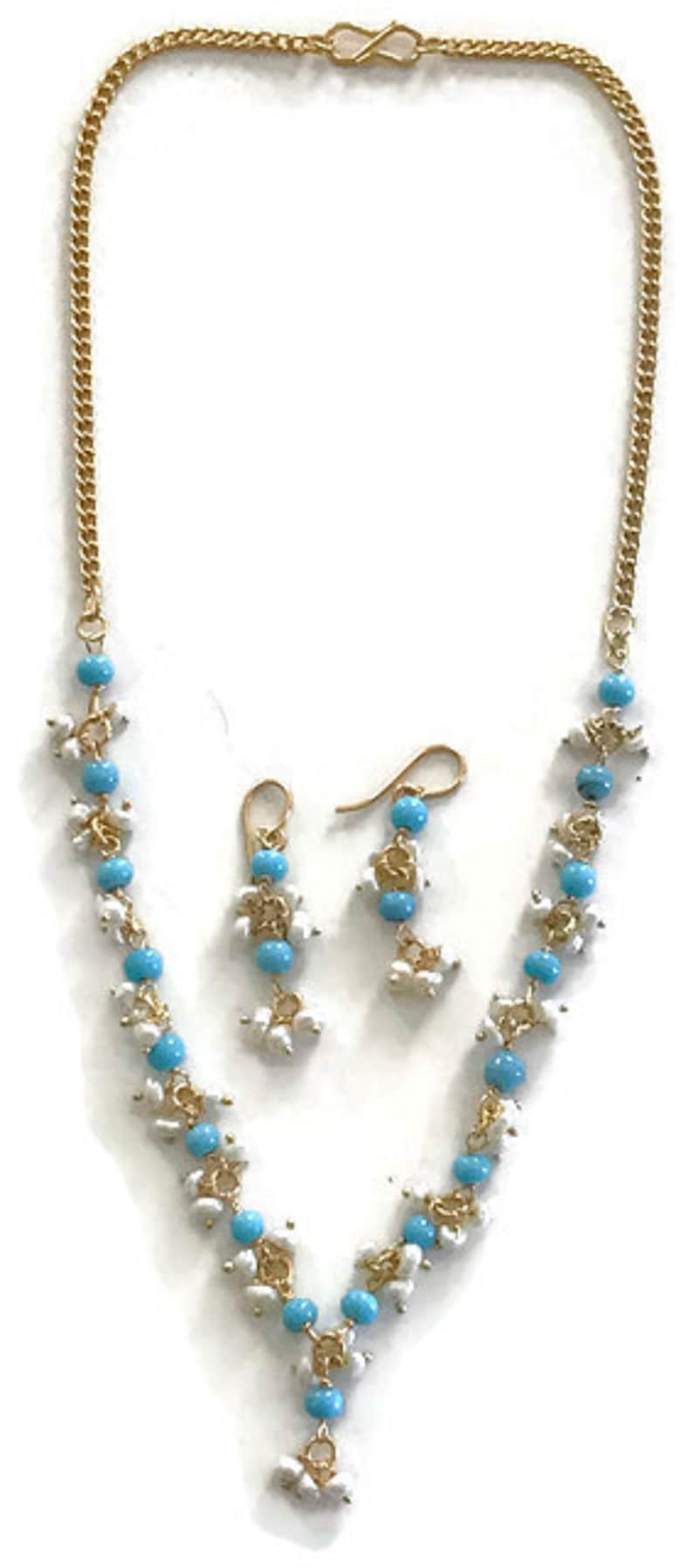Na n018 New Bollywood Designer 17 Inches Pearls /& Feroza Beads Necklace Earring Set Indian Party wear Jewelry.Surbhi