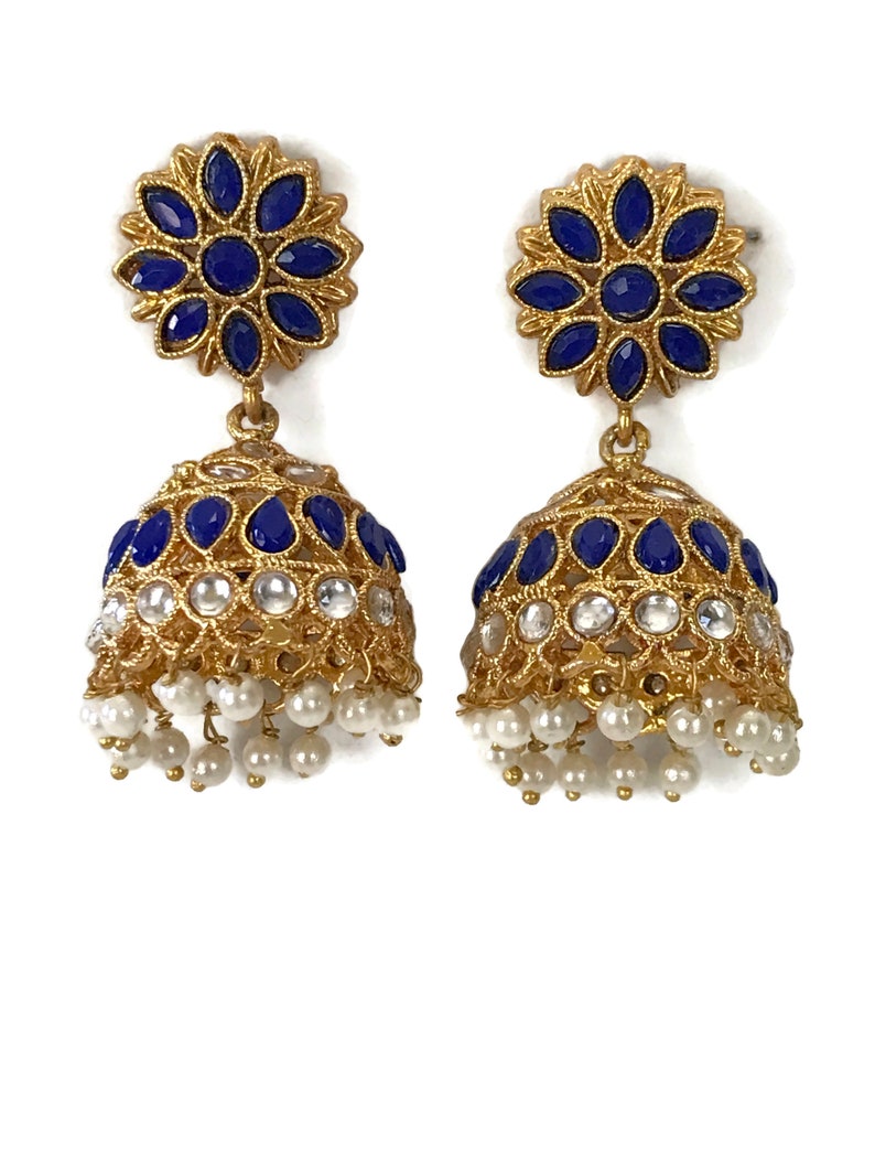 Ea e2048 Indian Bollywood Fashion Party wear Jewelry Blue Polki /& Pearls Jhumka Jhumki Earring set