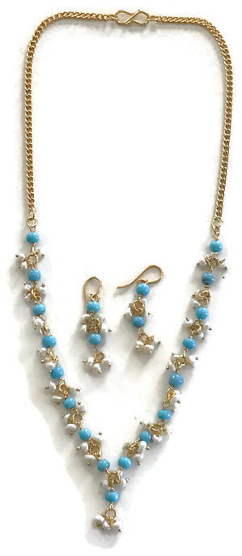 Na n018 New Bollywood Designer 17 Inches Pearls /& Feroza Beads Necklace Earring Set Indian Party wear Jewelry.Surbhi