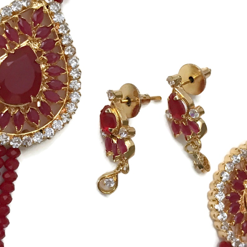 White /& Red Polki with Ruby Stones Pendants in 4 Lines Red Crystals Necklace Mala Earrings Set Indian Bollywood Party wear Jewelry .Na n196
