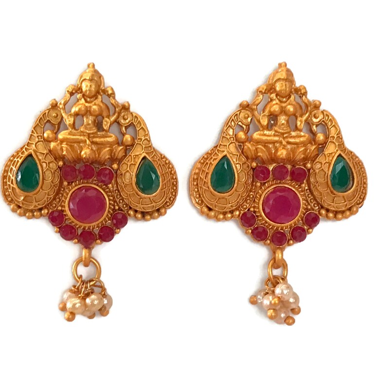 Indian Bollywood Designer Party wear Jewelry.Ea e960 Maroon /& Green Color Glass stone Matte Finish Temple Golden Earring Set