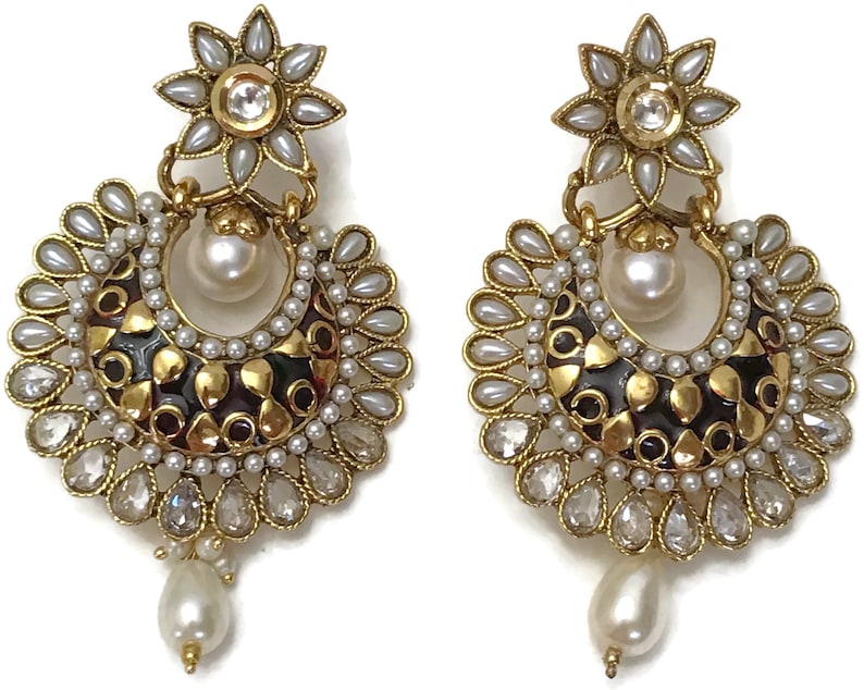 Free Shipping Surbhi Indian Party wear Jewelry Ea e233 New Bollywood Designer Golden Earring Set Studded with Cubic Zerconia /& Pearls