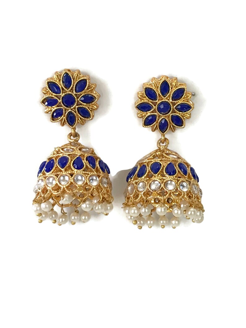 Ea e2048 Indian Bollywood Fashion Party wear Jewelry Blue Polki /& Pearls Jhumka Jhumki Earring set