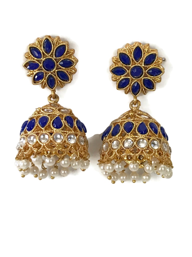 Ea e2048 Indian Bollywood Fashion Party wear Jewelry Blue Polki /& Pearls Jhumka Jhumki Earring set
