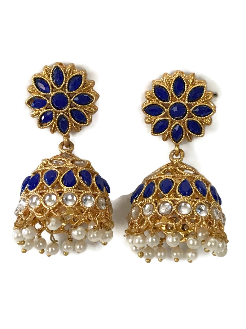 Ea e2048 Indian Bollywood Fashion Party wear Jewelry Blue Polki /& Pearls Jhumka Jhumki Earring set