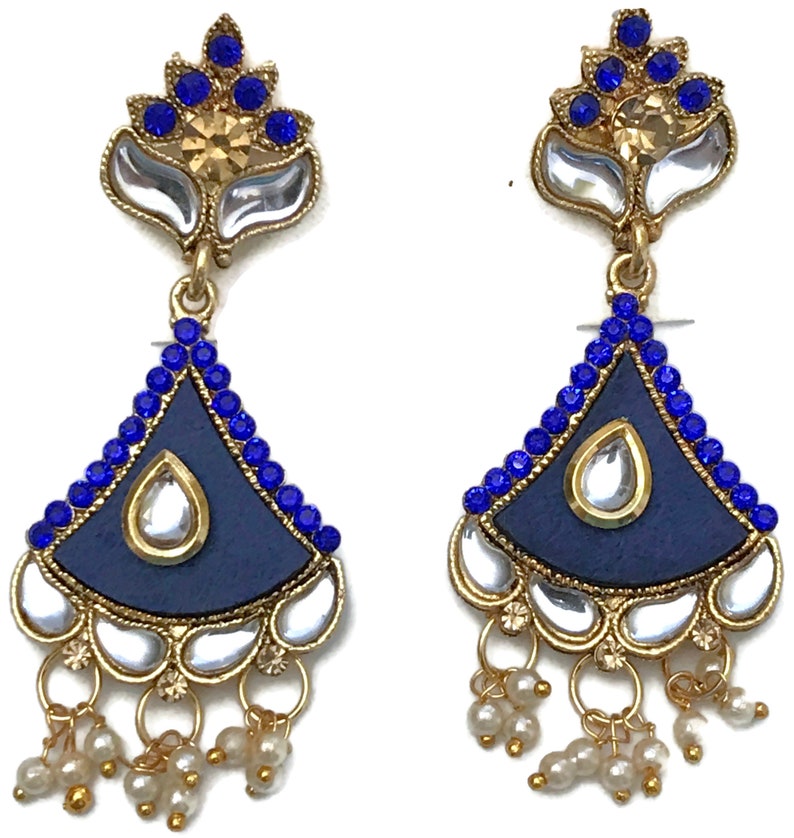 Blue Color Kundan Earring Set Indian Bollywood Designer Party wear Jewelry.Ea e914