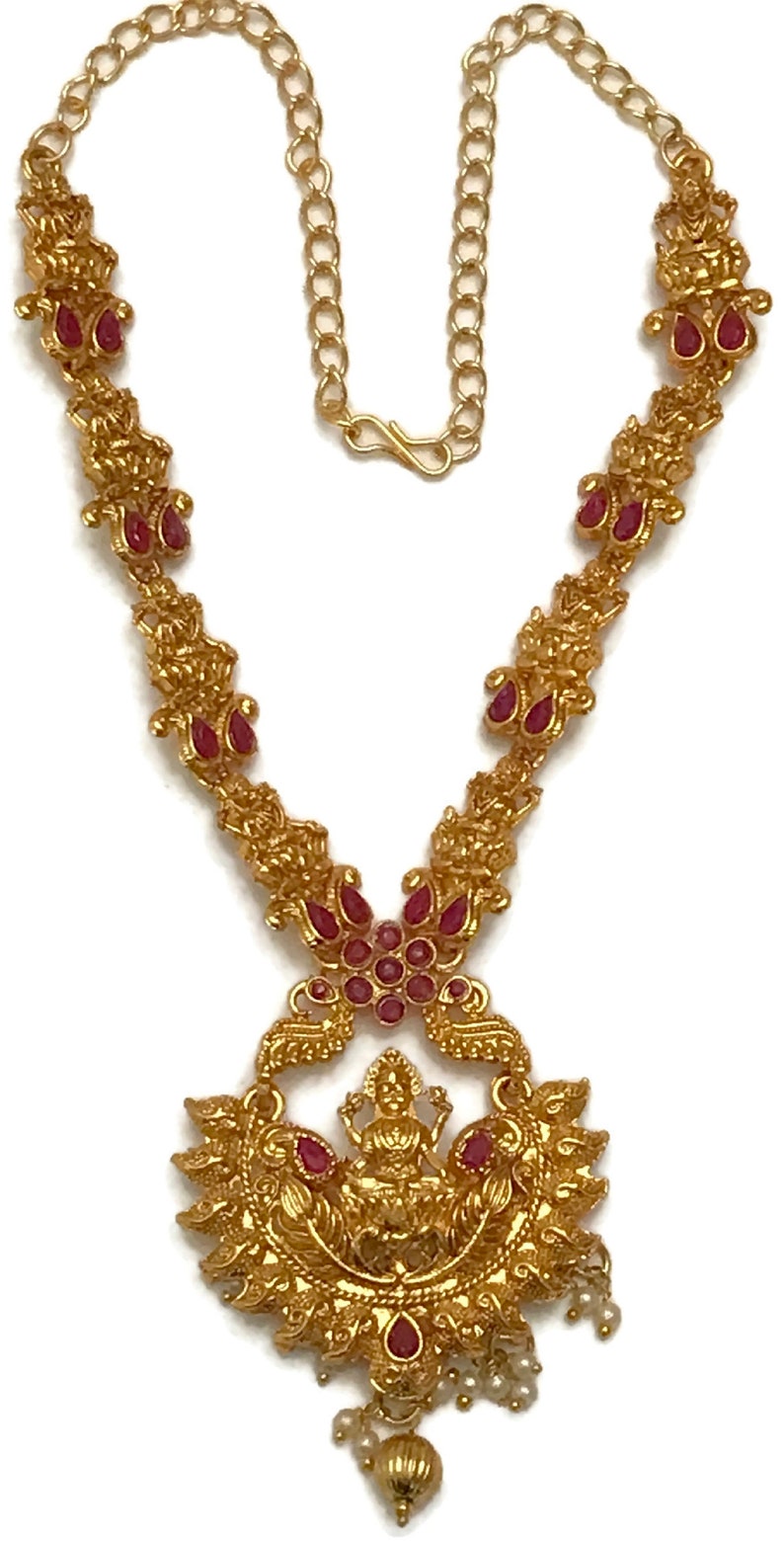 Indian Party wear Jewelry.Surbhi Na n160 Bollywood Fashion Pearls /& Red Polki Golden Necklace with Lakshmi Ji Pendant