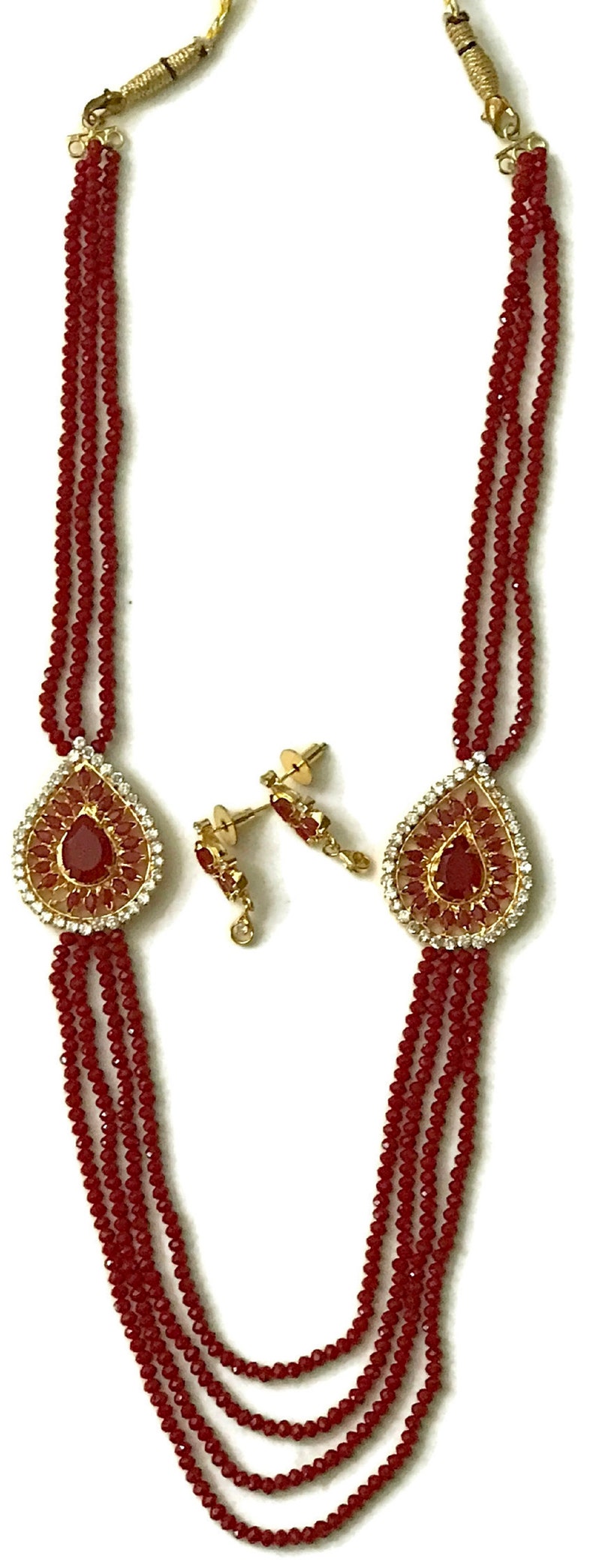 White /& Red Polki with Ruby Stones Pendants in 4 Lines Red Crystals Necklace Mala Earrings Set Indian Bollywood Party wear Jewelry .Na n196