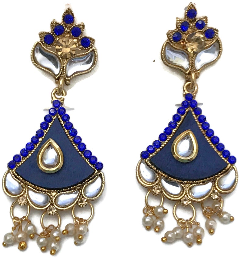 Blue Color Kundan Earring Set Indian Bollywood Designer Party wear Jewelry.Ea e914