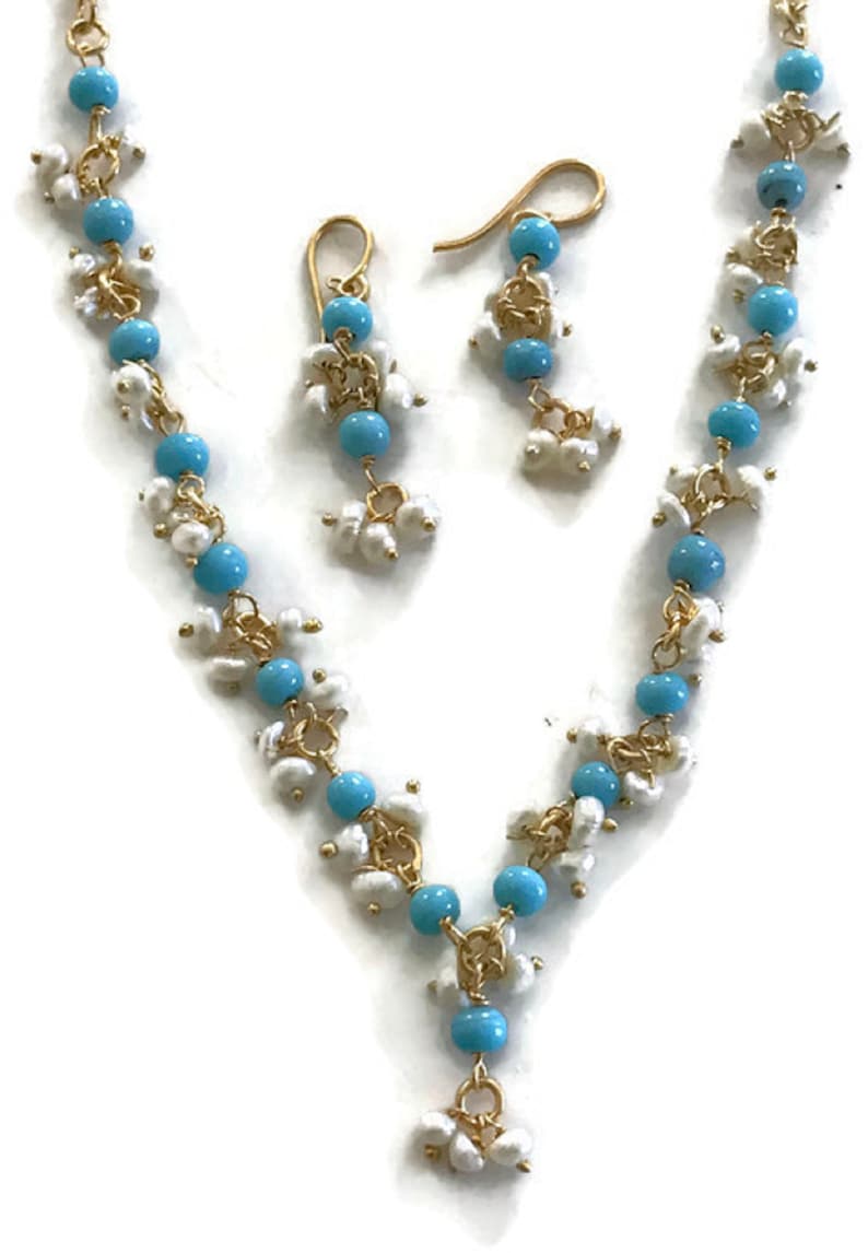 Na n018 New Bollywood Designer 17 Inches Pearls /& Feroza Beads Necklace Earring Set Indian Party wear Jewelry.Surbhi