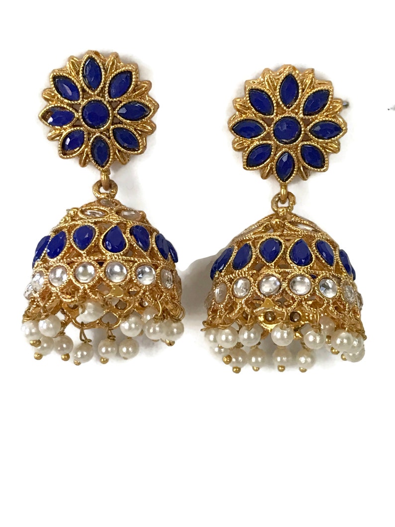 Ea e2048 Indian Bollywood Fashion Party wear Jewelry Blue Polki /& Pearls Jhumka Jhumki Earring set