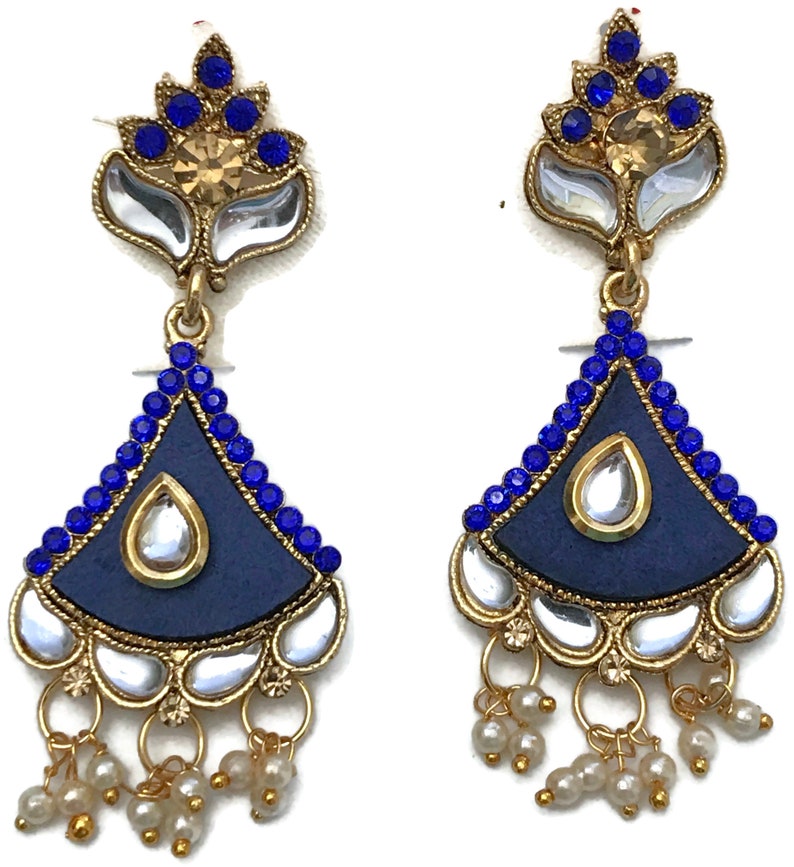 Blue Color Kundan Earring Set Indian Bollywood Designer Party wear Jewelry.Ea e914