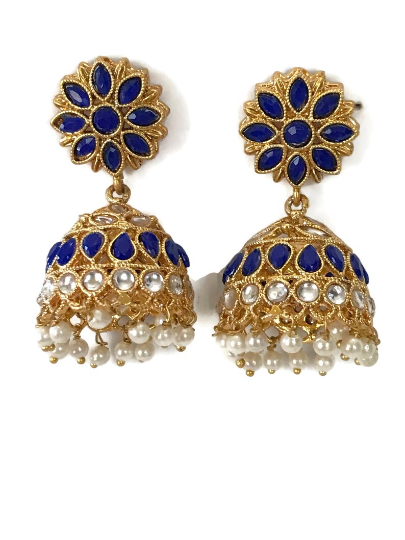Ea e2048 Indian Bollywood Fashion Party wear Jewelry Blue Polki /& Pearls Jhumka Jhumki Earring set
