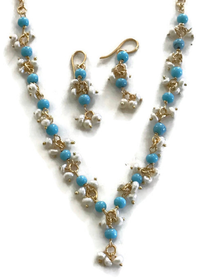 Na n018 New Bollywood Designer 17 Inches Pearls /& Feroza Beads Necklace Earring Set Indian Party wear Jewelry.Surbhi