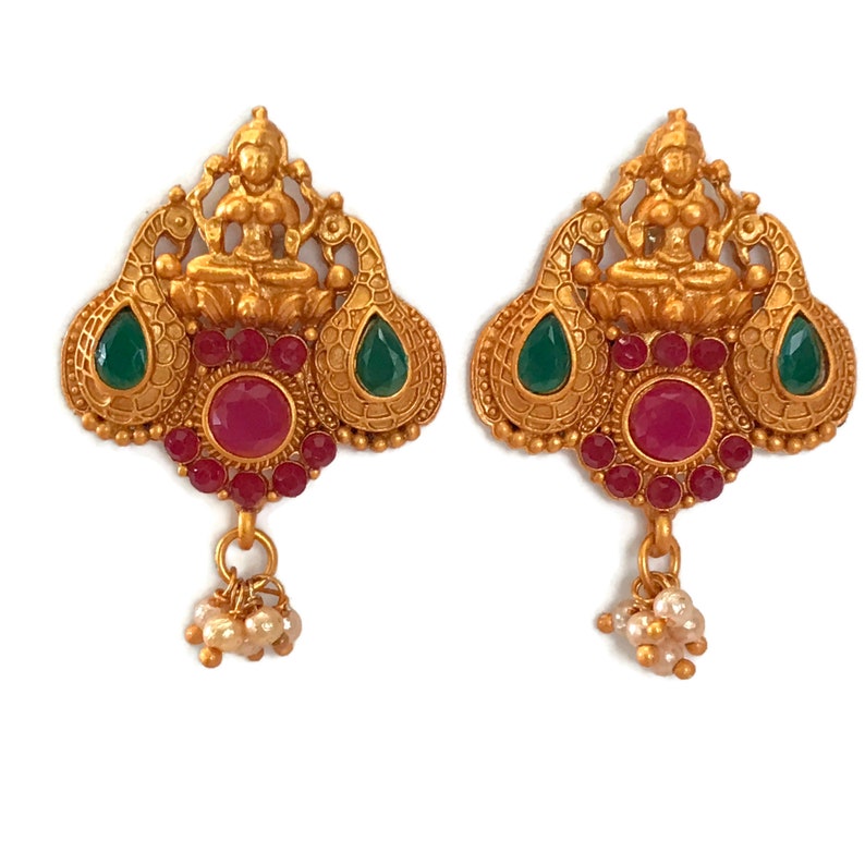 Indian Bollywood Designer Party wear Jewelry.Ea e960 Maroon /& Green Color Glass stone Matte Finish Temple Golden Earring Set