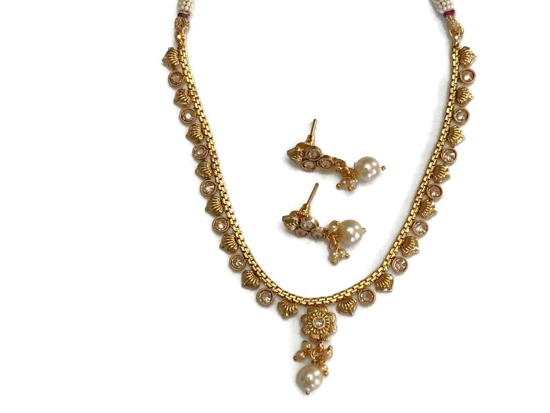 Pearls /& Polki Golden Necklace Pendant Earring Set Indian Bollywood Fashion Party wear Jewelry Na n2128