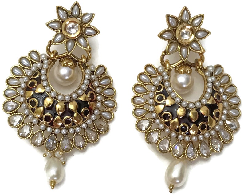 Free Shipping Surbhi Indian Party wear Jewelry Ea e233 New Bollywood Designer Golden Earring Set Studded with Cubic Zerconia /& Pearls