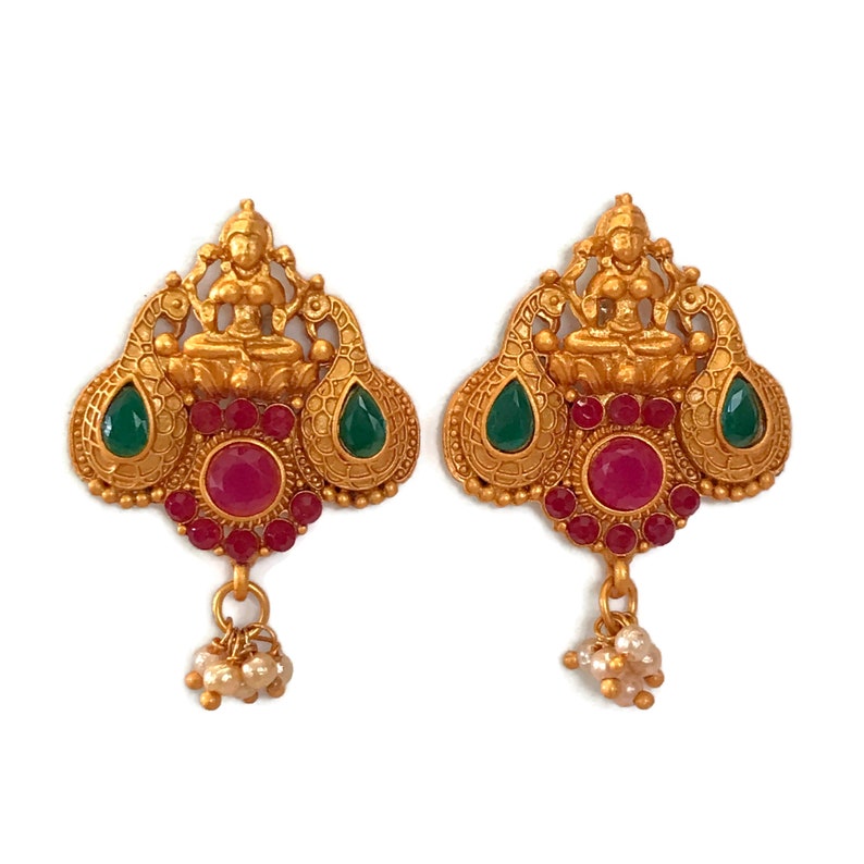 Indian Bollywood Designer Party wear Jewelry.Ea e960 Maroon /& Green Color Glass stone Matte Finish Temple Golden Earring Set
